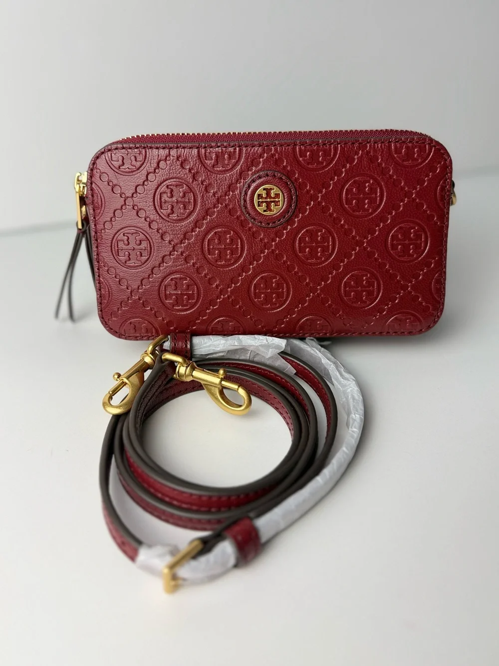 Tory Burch T Monogram Leather Double-Zip Mini Bag Juneberry Red Gold Hardware